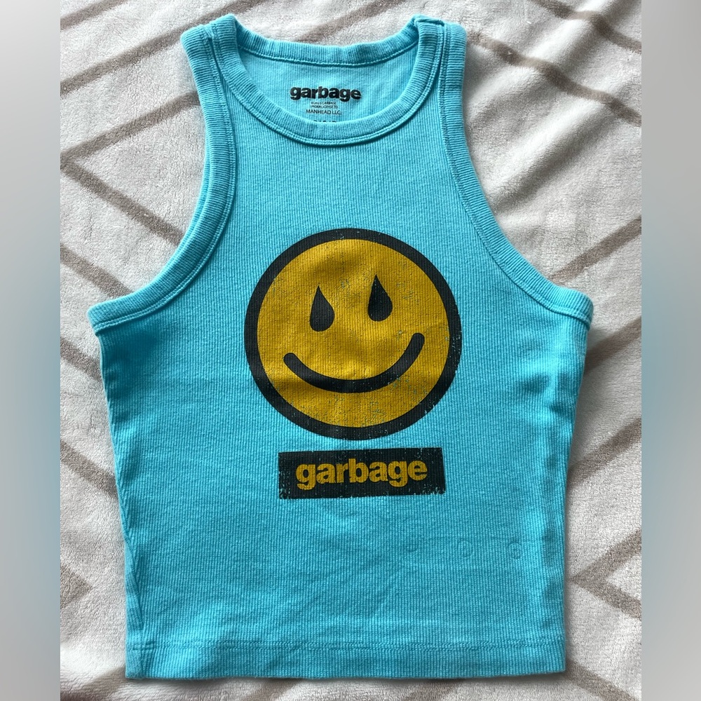 EUC, Garbage Band Tee Ribbed Crewneck Tank Top with Smiley Logo Size Small S Y2K